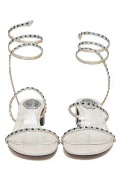 Crystal-embellished leather round-toe Cleo Stelina block heel sandals with fixed coiled straps