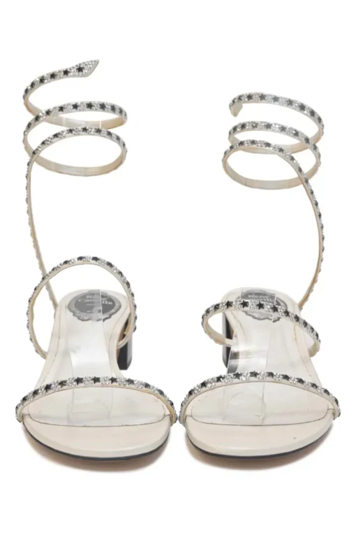 Crystal-embellished leather round-toe Cleo Stelina block heel sandals with fixed coiled straps