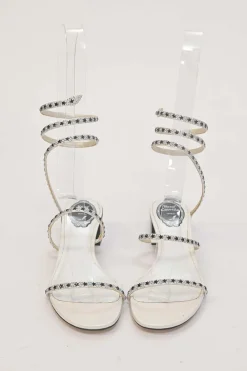 Crystal-embellished leather round-toe Cleo Stelina block heel sandals with fixed coiled straps