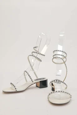 Crystal-embellished leather round-toe Cleo Stelina block heel sandals with fixed coiled straps