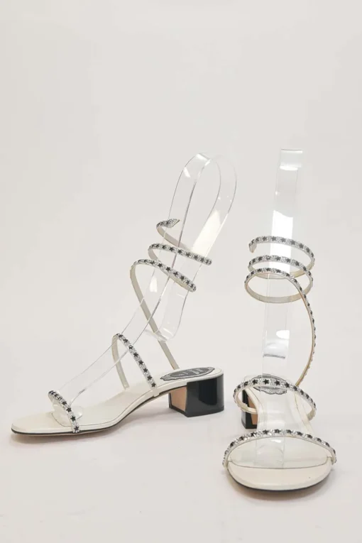 Crystal-embellished leather round-toe Cleo Stelina block heel sandals with fixed coiled straps