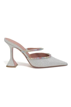 Crystal-embellished silver-tone metallic Gilda 105 pointed-toe mules with fixed mid-arch vamp strap and signature comma heels
