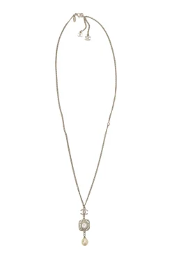 Crystal-embellished silver-finish metal and resin faux pearl Coco Mark drop pendant necklace