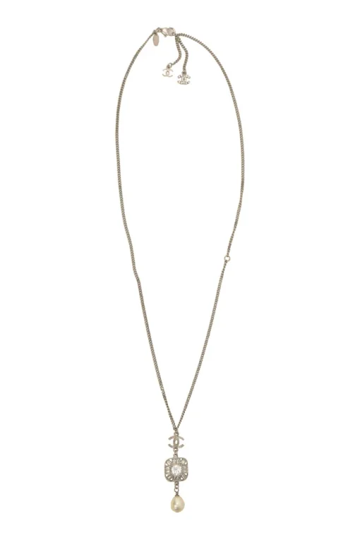 Crystal-embellished silver-finish metal and resin faux pearl Coco Mark drop pendant necklace