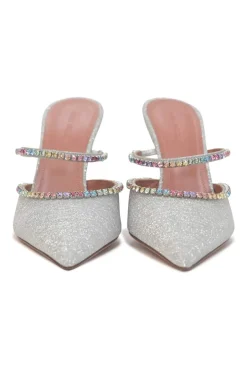 Crystal-embellished silver-tone metallic Gilda 105 pointed-toe mules with fixed mid-arch vamp strap and signature comma heels
