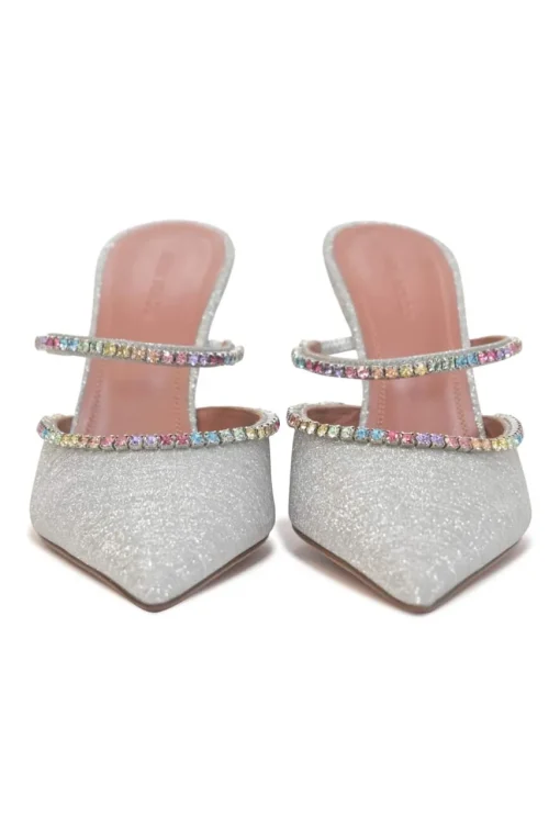 Crystal-embellished silver-tone metallic Gilda 105 pointed-toe mules with fixed mid-arch vamp strap and signature comma heels