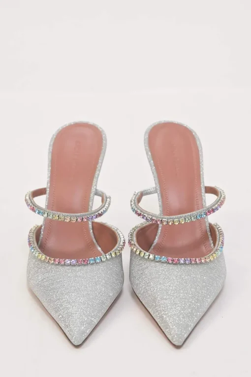 Crystal-embellished silver-tone metallic Gilda 105 pointed-toe mules with fixed mid-arch vamp strap and signature comma heels
