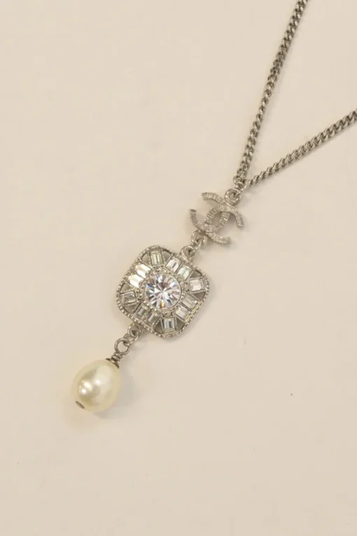 Crystal-embellished silver-finish metal and resin faux pearl Coco Mark drop pendant necklace