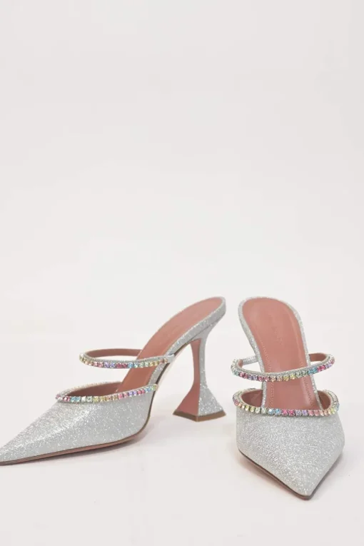 Crystal-embellished silver-tone metallic Gilda 105 pointed-toe mules with fixed mid-arch vamp strap and signature comma heels