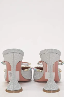 Crystal-embellished silver-tone metallic Gilda 105 pointed-toe mules with fixed mid-arch vamp strap and signature comma heels