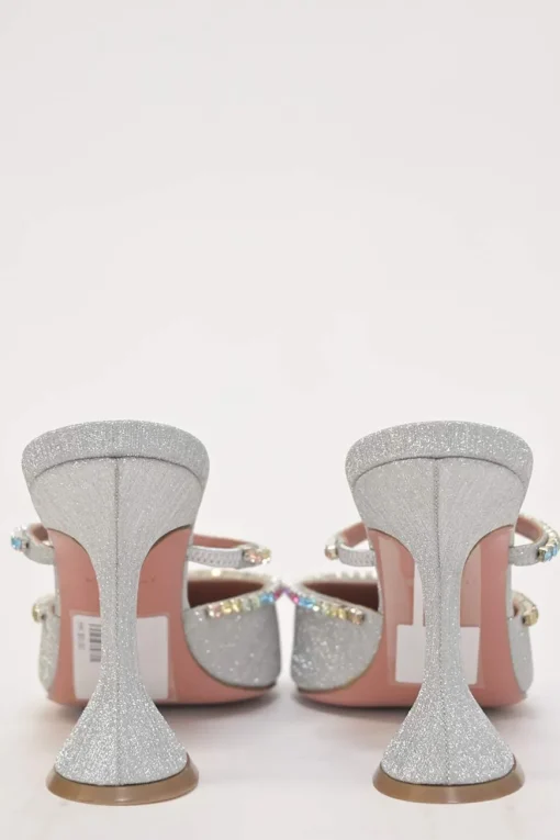 Crystal-embellished silver-tone metallic Gilda 105 pointed-toe mules with fixed mid-arch vamp strap and signature comma heels