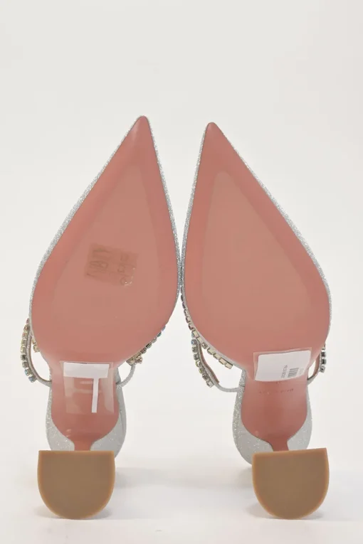 Crystal-embellished silver-tone metallic Gilda 105 pointed-toe mules with fixed mid-arch vamp strap and signature comma heels