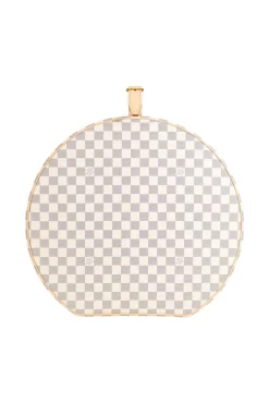 Damier Azur canvas Boite Chapeaux Hat Box 40 with natural cowhide leather, adjustable top handle and polished brass hardware.