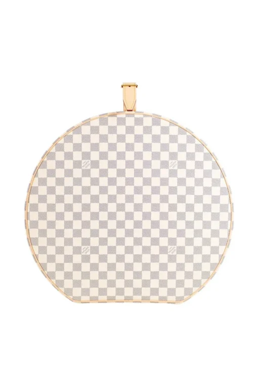 Damier Azur canvas Boite Chapeaux Hat Box 40 with natural cowhide leather, adjustable top handle and polished brass hardware.