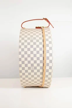 Damier Azur canvas Boite Chapeaux Hat Box 40 with natural cowhide leather, adjustable top handle and polished brass hardware.