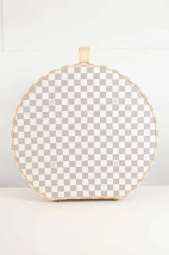 Damier Azur canvas Boite Chapeaux Hat Box 40 with natural cowhide leather, adjustable top handle and polished brass hardware.