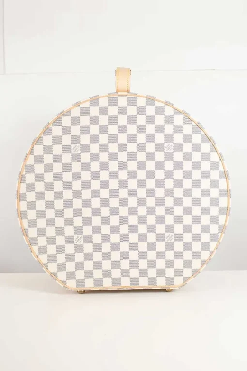 Damier Azur canvas Boite Chapeaux Hat Box 40 with natural cowhide leather, adjustable top handle and polished brass hardware.