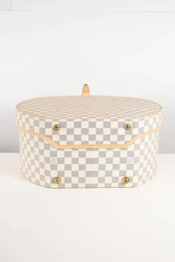 Damier Azur canvas Boite Chapeaux Hat Box 40 with natural cowhide leather, adjustable top handle and polished brass hardware.