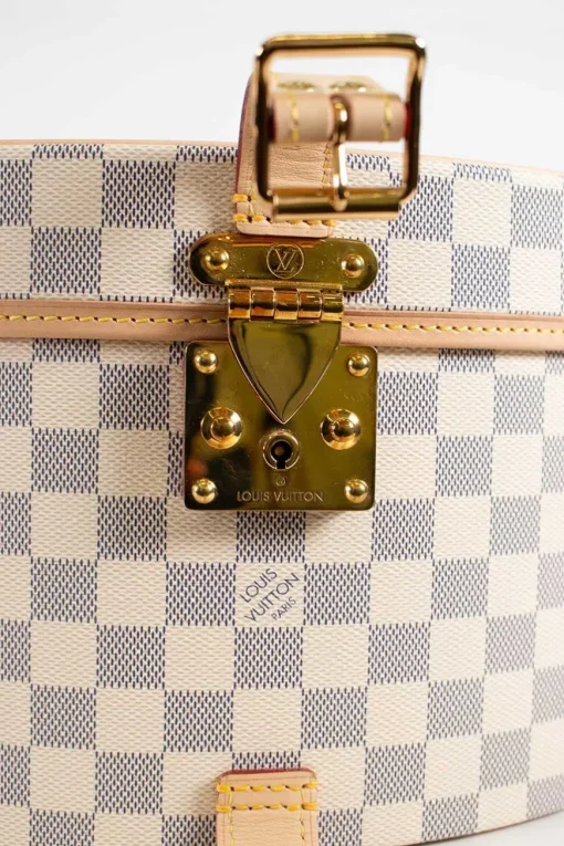 Damier Azur canvas Boite Chapeaux Hat Box 40 with natural cowhide leather, adjustable top handle and polished brass hardware.