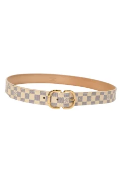 Damier azure coated canvas and leather buckle belt with gold-finish hardware