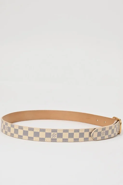 Damier azure coated canvas and leather buckle belt with gold-finish hardware