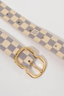Damier azure coated canvas and leather buckle belt with gold-finish hardware