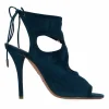Dark blue green suede cut out back lace peep toe pumps