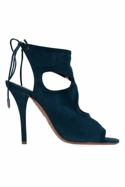 Dark blue green suede cut out back lace peep toe pumps