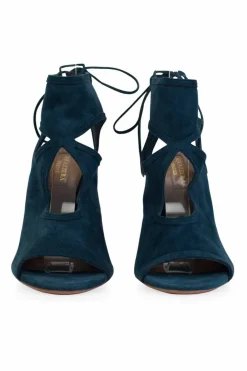 Dark blue green suede cut out back lace peep toe pumps