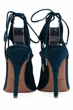 Dark blue green suede cut out back lace peep toe pumps