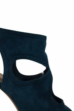 Dark blue green suede cut out back lace peep toe pumps