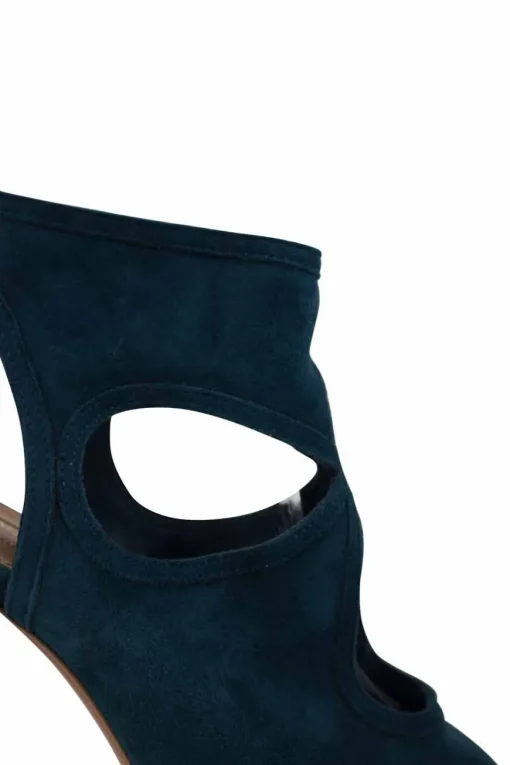 Dark blue green suede cut out back lace peep toe pumps