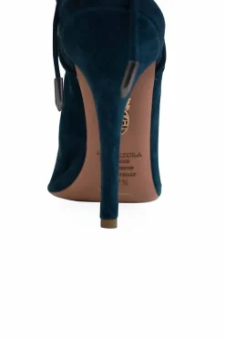 Dark blue green suede cut out back lace peep toe pumps