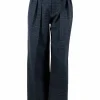Dark blue pleated microcheck high-waisted pants