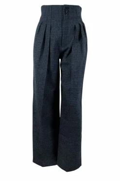 Dark blue pleated microcheck high-waisted pants