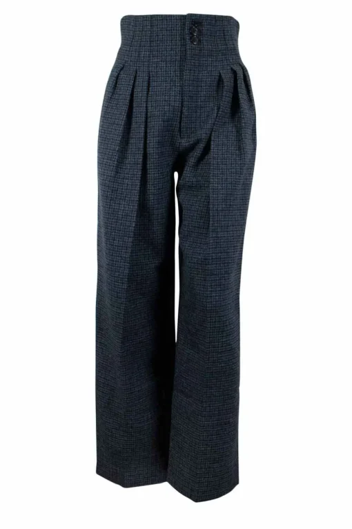 Dark blue pleated microcheck high-waisted pants