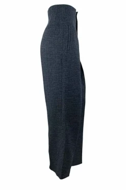 Dark blue pleated microcheck high-waisted pants