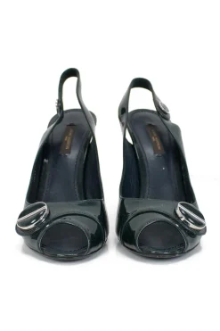 Dark green patent leather peep-toe sling-back high-heel pump with round metal embellishments