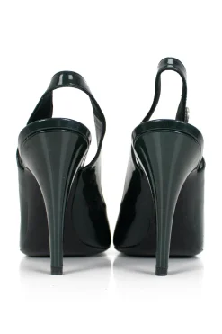 Dark green patent leather peep-toe sling-back high-heel pump with round metal embellishments