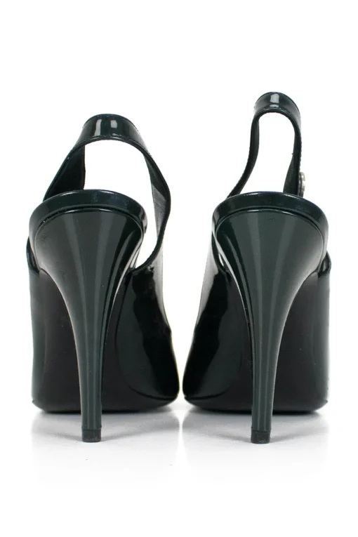 Dark green patent leather peep-toe sling-back high-heel pump with round metal embellishments