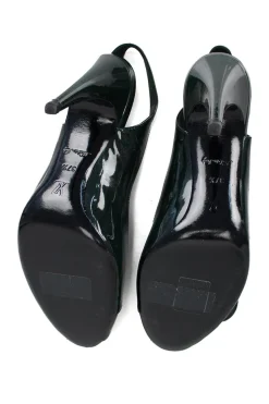 Dark green patent leather peep-toe sling-back high-heel pump with round metal embellishments