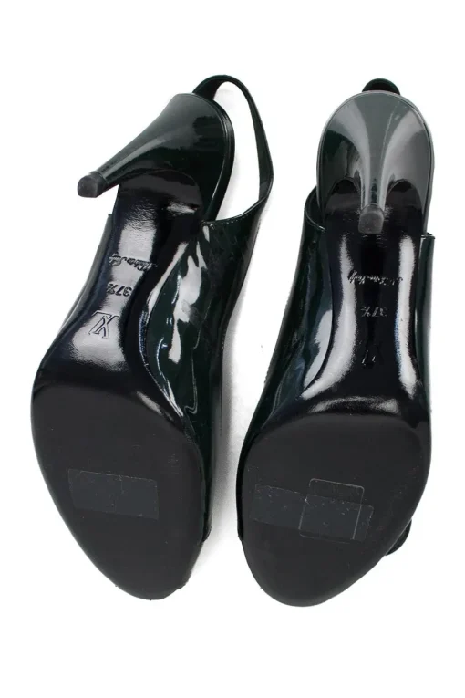 Dark green patent leather peep-toe sling-back high-heel pump with round metal embellishments
