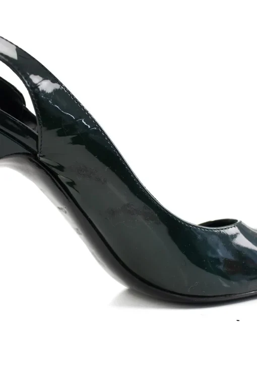 Dark green patent leather peep-toe sling-back high-heel pump with round metal embellishments