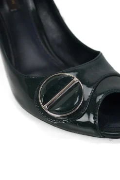 Dark green patent leather peep-toe sling-back high-heel pump with round metal embellishments