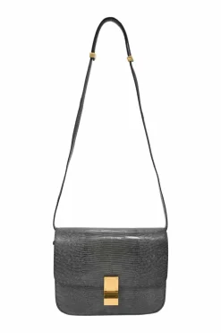 Dark grey lizard skin Medium Classic Box Bag with gold-tone hardware