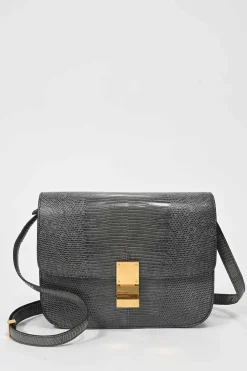 Dark grey lizard skin Medium Classic Box Bag with gold-tone hardware