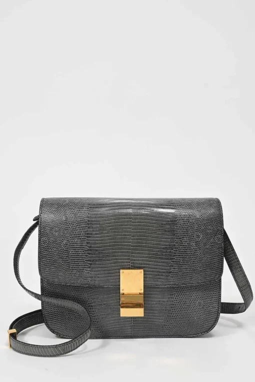 Dark grey lizard skin Medium Classic Box Bag with gold-tone hardware