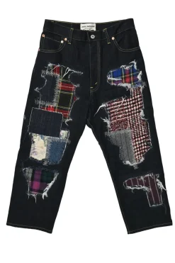 Dark indigo cotton denim straight-leg boro jeans featuring mixed-media patch appliqué