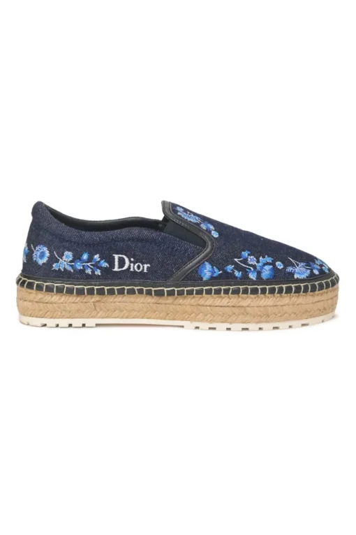 Dark indigo cotton denim and raffia flatform slip-on espadrilles featuring floral broderie motif