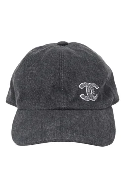 Dark indigo cotton denim snap baseball cap featuring embroidered Coco Mark motif